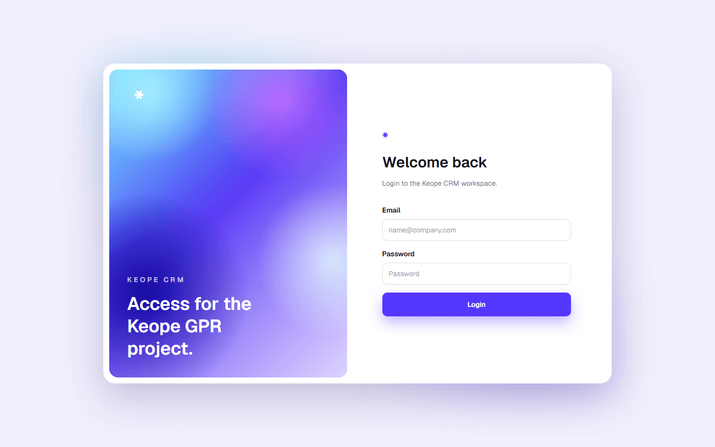 Keope CRM login interface with a purple project panel